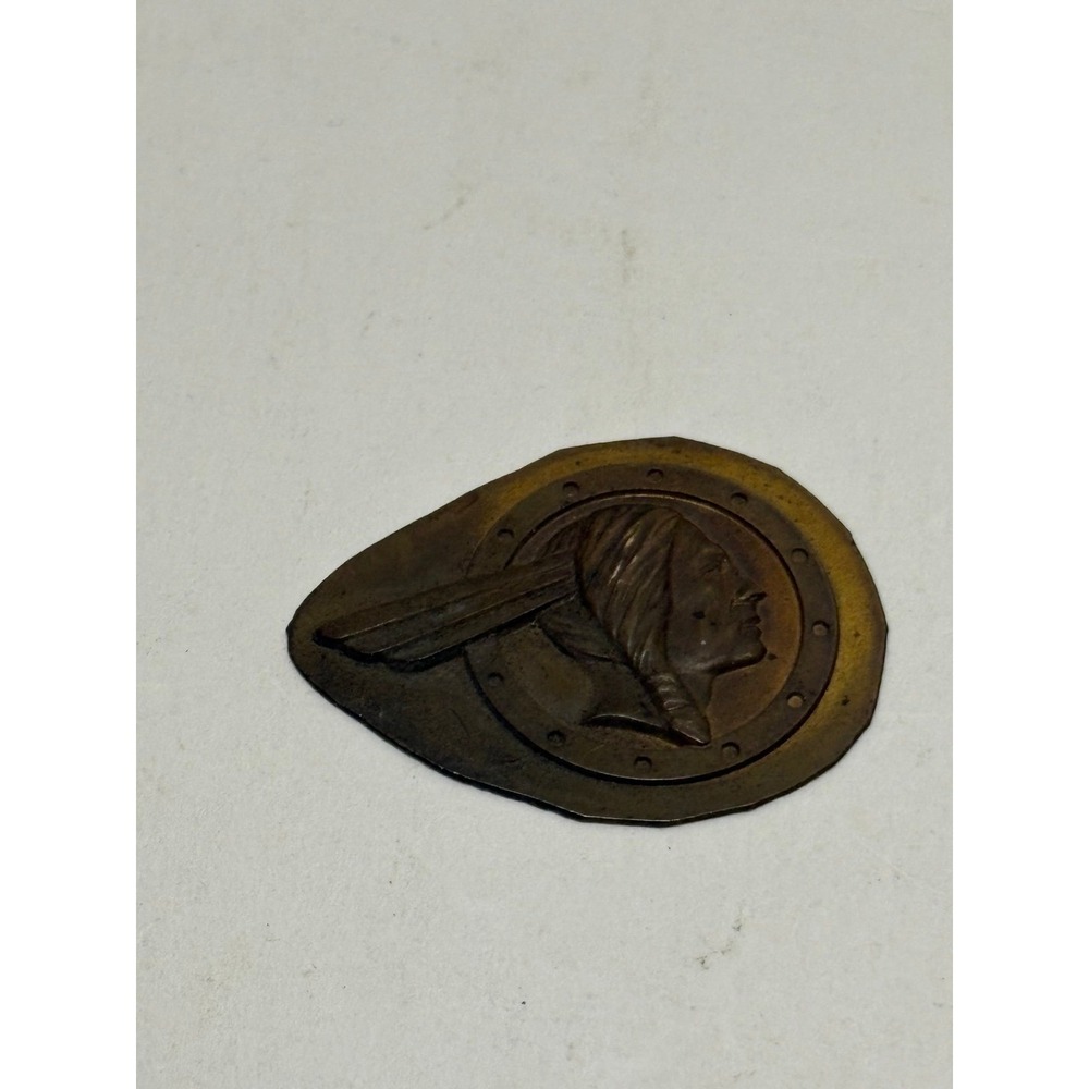 Vintage Brass Metal Indian Chief Head Emblem Tear Drop Shape Collectible Decor